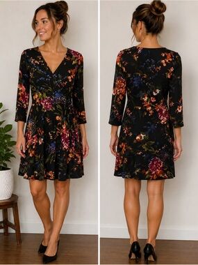 Hailys:23 Floral Faux Wrap Dress Black Multi 3/4 Sleeve Tie Waist Size Medium